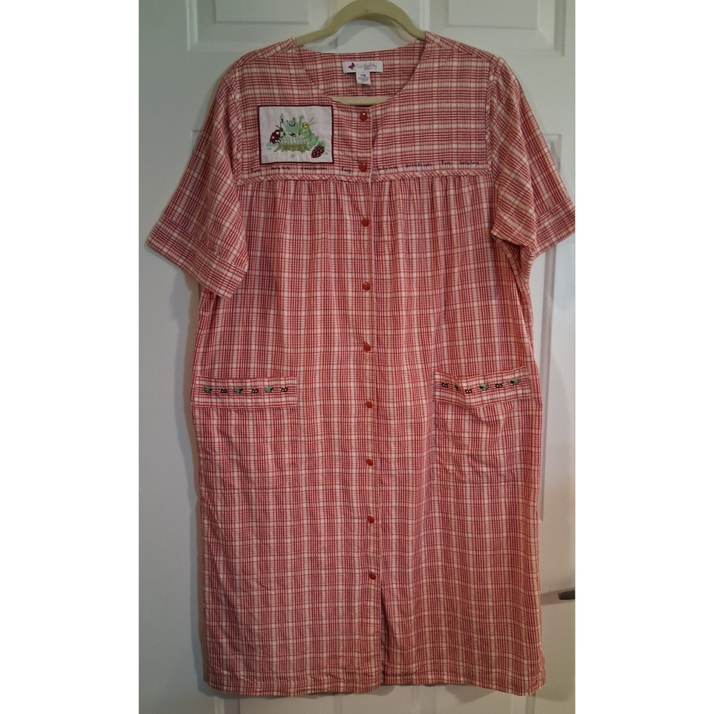 Go Softly Petites Cotton Robe Patio House Dress Embroidered Pink Plaid Frogs